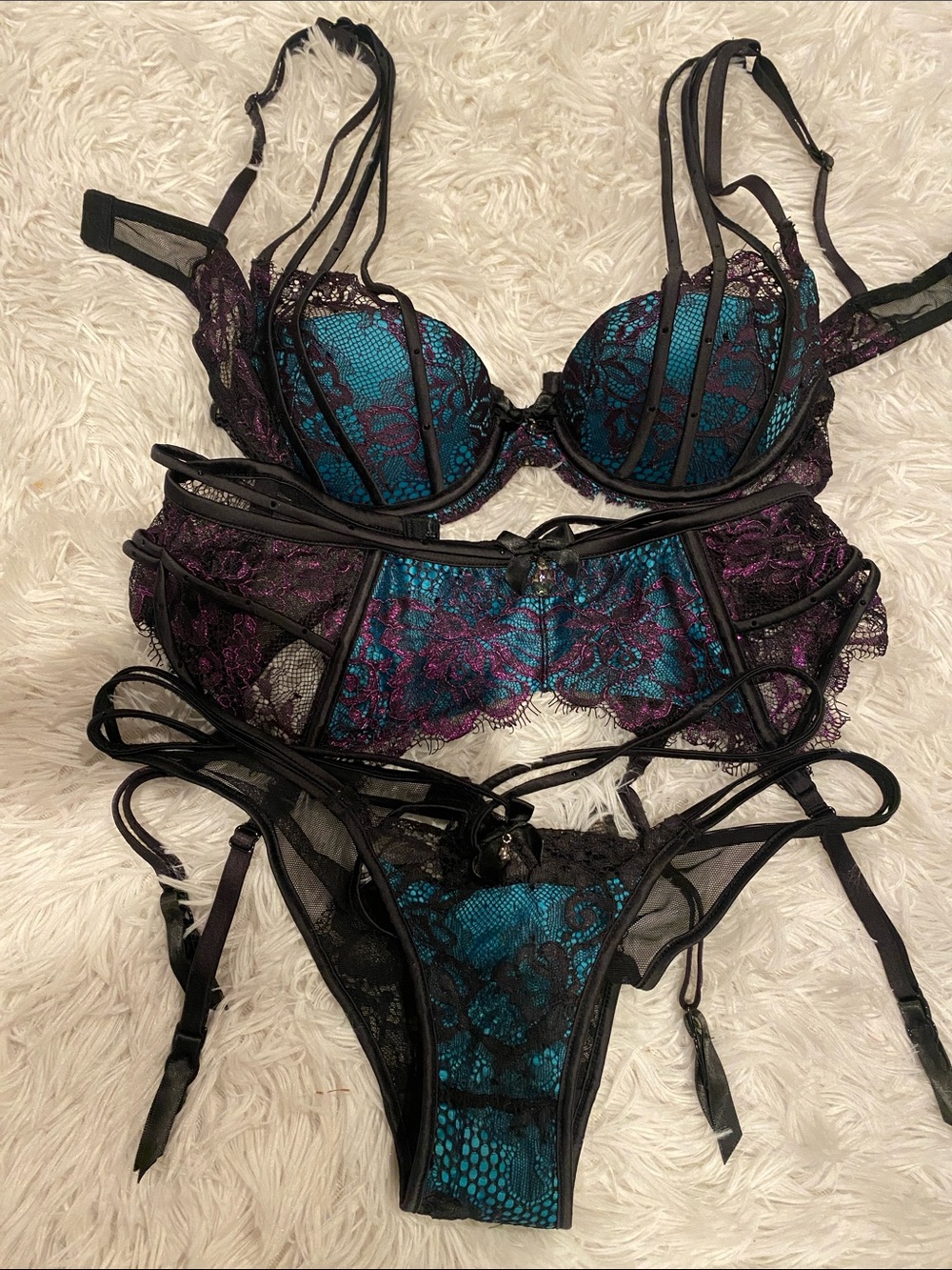 Black & Teal Lace Push-Up Bra and Garter Panty Set honey birdette Rare